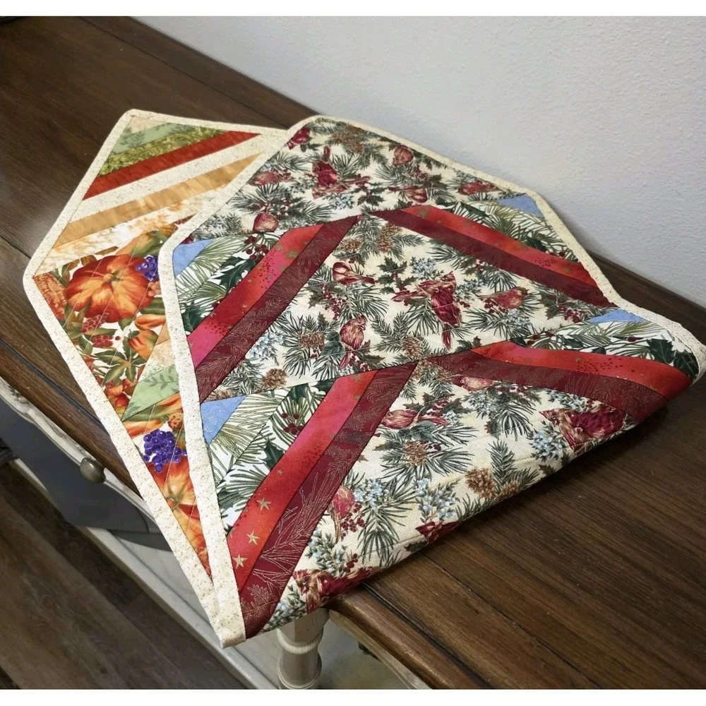 Reversible Christmas Thanksgiving Quilted Table Runner Handmade 14.5x40
